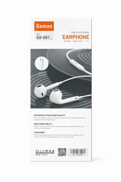 Geman GH-007 Type-C Earphones with Mic Hi-Res Sound, Noise Reduction