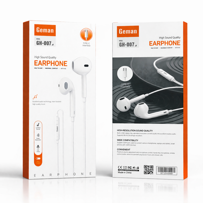 Geman GH-007 Type-C Earphones with Mic Hi-Res Sound, Noise Reduction