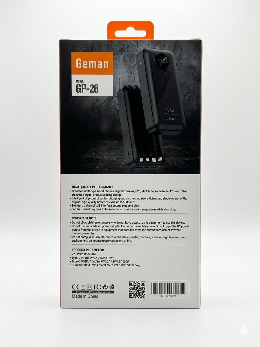 Geman Power Bank 20000mAh GP-26 – Fast Charging Portable Charger